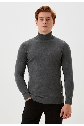 Erkek Tam Balıkçı Boğazlı Triko Koyu Grimelanj Slim Fit Pamuklu Sık Örme Kazak Ncs Jeans 3003 Koyu Gri