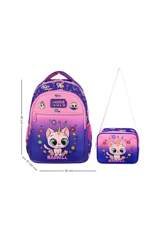 Waddell İlkokul Sırt Çantası ve Beslenme Çantası Kedi Mor-Pembe