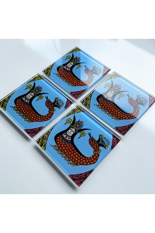 Cam Bardak Altlığı Klasik Şahmeran 4'lü Takım 10cm X 10cm Beyaz