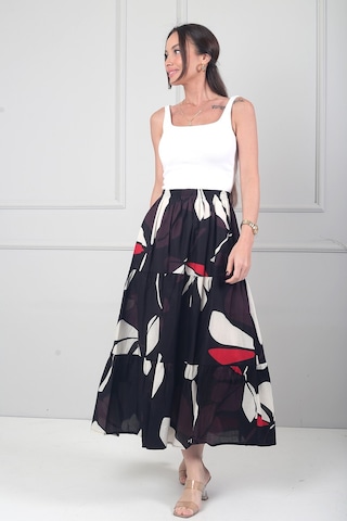 By Saygı Kadın Beli Lastikli Astarlı Çiçek Desenli Fırfırlı Midi Cotton Etek Siyah
