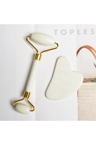 Dm Doğal Yeşim Çift Kafa Masaj Silindiri + Guaşa Tahta Yüz Zayıflama & Yaşlanma Karşıtı Bakım Seti - Stil B Altın Altın