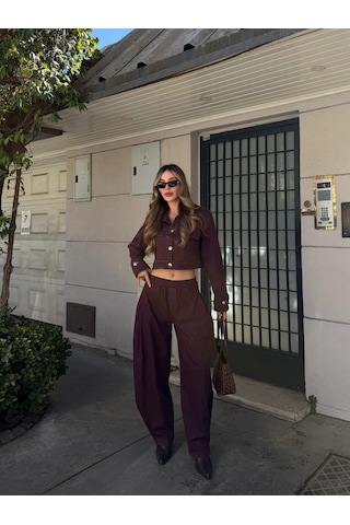 Laluvia Mürdüm Kot Crop Ceket Pantolon Takım - 51244 Mürdüm