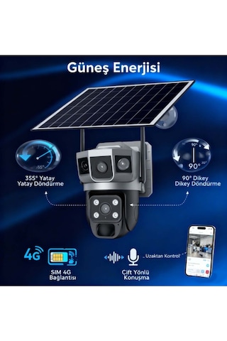 4g 1 Yıl 60 Gb Sım Kartlı Güneş Enerjili 3 Kameralı 360 Döner Güvenlik Kamerası Bahçe Arazi