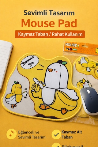 Sevimli Muz Desenli Mouse Pad Kaymaz Tabanlı Ergonomik Mouse Altlığı