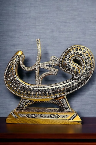 Thentech Vav Harfli Taş İşlemeli Allah Muhammed Yazılı Biblo Metal İşlemeli Hediyelik Biblo