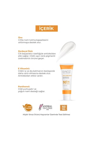Sinoz Leke Karşıtı Yüksek Koruyucu Normal ve Kuru Ciltler İçin Yüz Güneş Kremi SPF50+ 50 ML