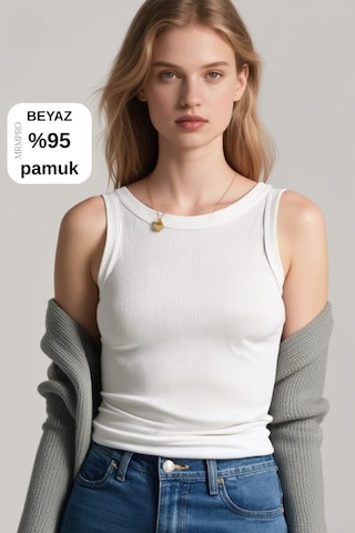 Mrmpro Kadın Lacivert Fitilli Görünümlü Kalın Askılı Basic Atlet Body %95 Pamuk Beyaz