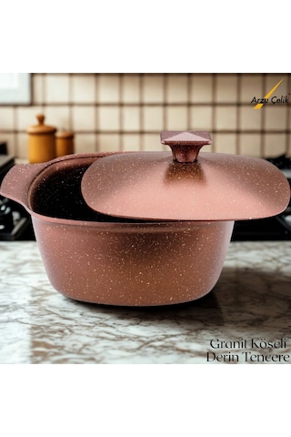 Katre 24 Cm Granit Köşeli Derin Tencere Alüminyum Kapak - Koyu Bakır