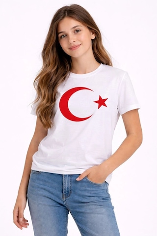 Kız Çocuk Tişört Bisiklet Yaka Ay Yıldız Bayrak Baskılı T-shirt - Beyaz Çok Renkli