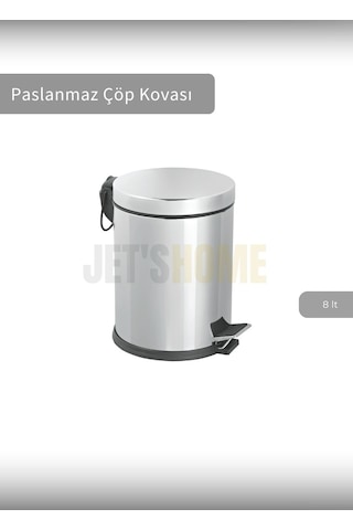 Jet's Home Pedallı Banyo Çöp Kovası Paslanmaz 8 Lt Mutfak Çöp Kutusu Gri Gri