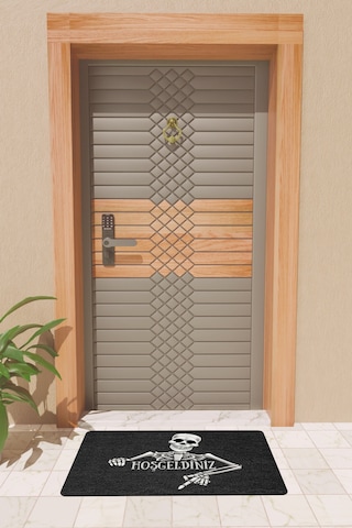 Rugmood Modern Dijtal Baskı Siyah Hoşgeldiniz İskelet Kapı Önü Paspası
