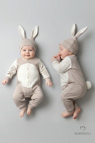 Babyden's Bebek Tavşanlı Tulum Şapka Set %100 Pamuklu Çıtçıtlı,ayarlanır Ponponlu Unisex Yenidoğan Tulum Seti Bej