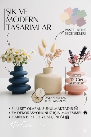 3'lü Mini Vazo Seti Pampas & Kuru Çiçek İçin İskandinav Pastel Taş Vazolar, Raf & Masa Üstü Minimal Dekor, M Diğer