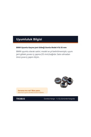 Trobus Bmw Uyumlu Geçme Jant Göbeği Damla Model 4'lü 55 Mm