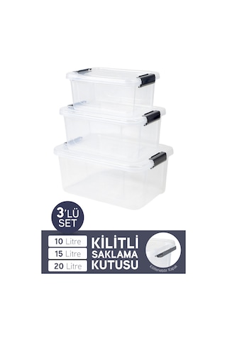 İronika 3'lü Saklama Kabı Yatay Dikdörtgen Kilitli Kapaklı Çok Amaçlı Oyuncak Saklama Kutusu 10-15-20 Litre Şeffaf