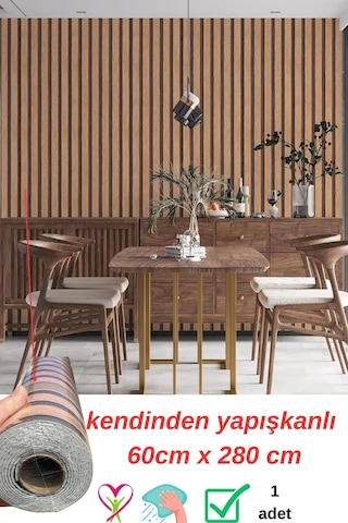 60cm X 280cm 1 Adet Kendinden Yapışkanlı Koyu Kahverengi Lambiri Desenli Duvar Paneli Kağıdı Gs8005