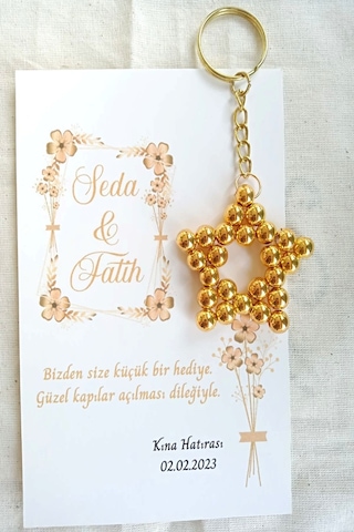 30 Adet Uzun Zincirli Parlak Gold Yıldız Anahtarlık - Kına Hedim1