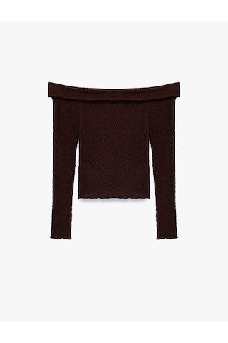 Koton Slim Fit Dokulu Omzu Açık Uzun Kollu Tişört Kahverengi 6wal10287ık Kahve
