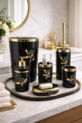 Arvale Çiçek Desenli Pleksi Gold Detaylı Siyah 5 Li Banyo Seti