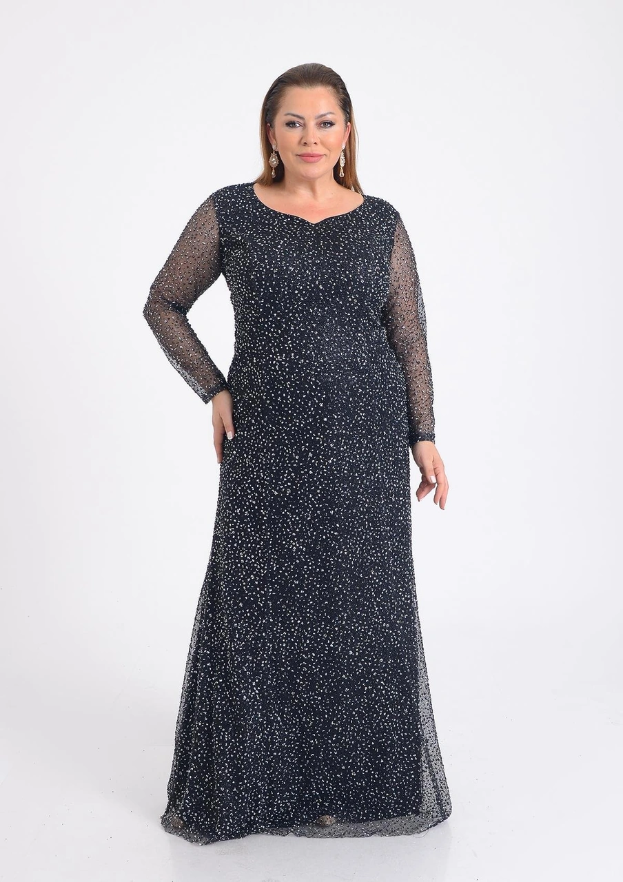 Lilas Xxl Büyük Beden Glitter Baskı Siyah Renkli Uzun Kollu Uzun Abiye Elbise Siyah