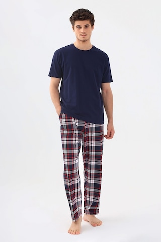 Erkek Kısa Kollu Ekose Desenli Pamuklu Pijama Takımı Ko6303pj-1 Lacivert