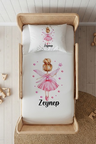 %100 Pamuk Saten İsme Özel İsimli 100x200 Tek Kişilik Lastikli Çarşaf Seti Pembe Peri Beyaz