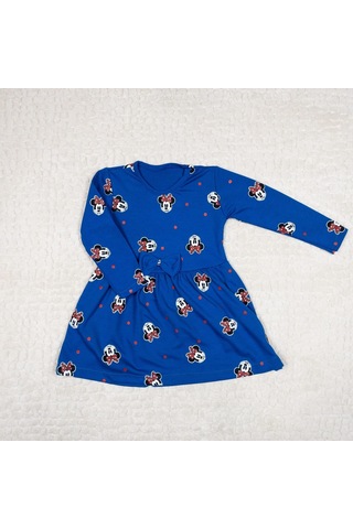 Momikon Minnie Mouse Baskılı Uzun Kollu Pamuklu Mavi Elbise Mavi