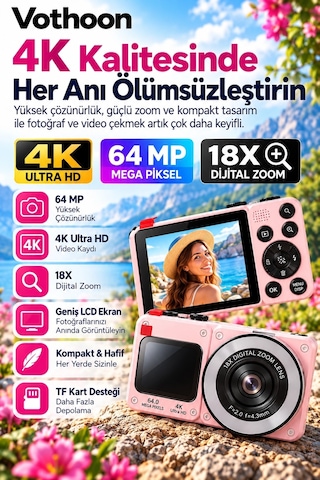 4k Dijital Fotoğraf Makinesi 18x Dijital Zoom 64 Mp Ön Ve Arka Ekranlı Kompakt Kamera Pembe Najmaddin Belirtilmemiş