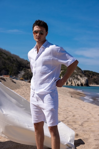 Keten Kumaş Beyaz Renk Cep Detaylı Gömlek Şort Erkek Takım-1733 Beyaz