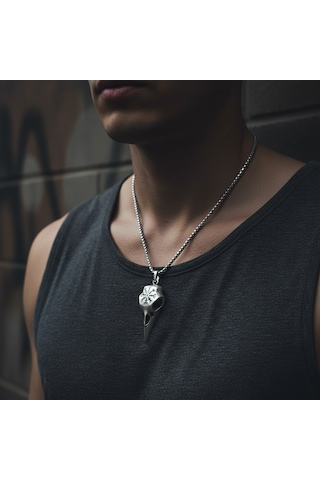 Koruma Kuzgun Kafatası - Vegvisir Gümüş Kaplama Örme Zincir Kolye Silver