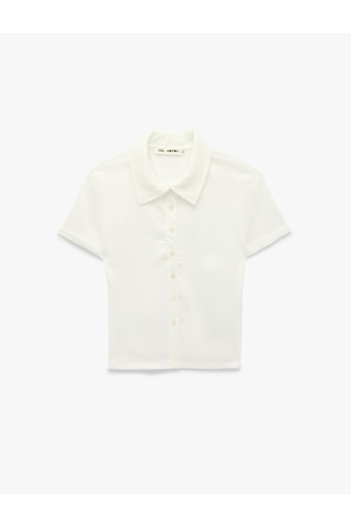 Koton Bürümcük Kumaş Düğmeli Klasik Yaka Kısa Kollu Crop Tişört Ekru 6sal10655ık