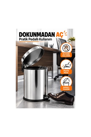5 Litre Pedallı Metal Çöp Kovası Kapaklı Banyo Ve Ofis Çöp Kovası