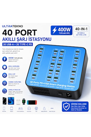 Ultratekno 40 Port Şarj İstasyonu 400w 20 Usb 20 Type-c Pd Multi Port Akıllı Hızlı Şarj Cihazı