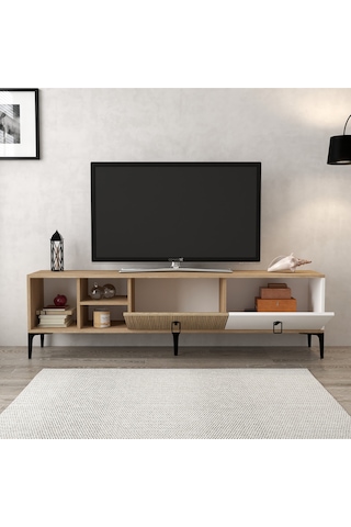 3806 Era Tv Ünitesi 180 Cm 2 Kapaklı Raflı Sepet - Beyaz - Yunus Tv Sehpası Beyaz - Yunus - Sepet Çok Renkli