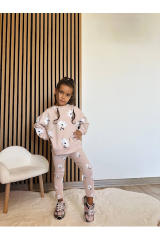 Kız Çocuk Çiçek - Leopar Detaylı 3 İplik Alt Üst Takım Sweatshirt + Tayt Pudra Papatya