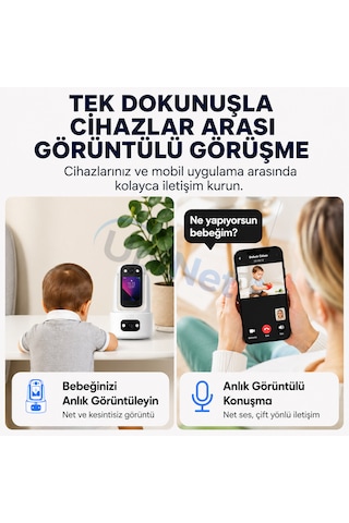 Uninet Çift Kameralı 355 Derece Dönebilen Ptz Ekranlı Wifi Güvenlik Kamerası Uzaktan İzleme, Gece Görüş İç Mekan Kamera