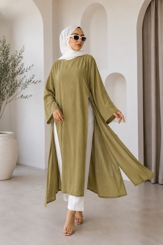 Unika Boutique Kadın Uzun Yırtmaçlı Abaya Tunik Mint