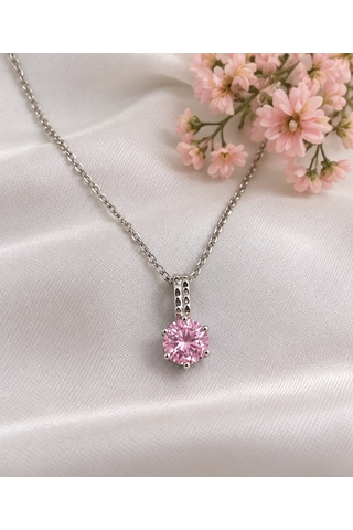 Bijutaki Pembe Taşlı Zarif Kolye Gümüş
