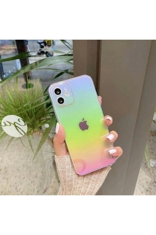Apple Uyumlu iPhone 12 Parlak Rainbow Holografik Kamera Korumalı Sert Kılıf