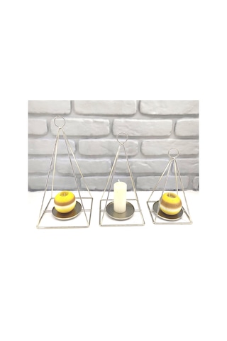 Gold / Gümüş Kaplama Dekoratif Modern Piramit Dizayn 3lü Mumluk Gold