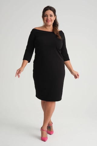 Kadın Siyah Carmen Yaka Truvakar Kol Büyük Beden Esnek Krep Elbise-siyah Siyah