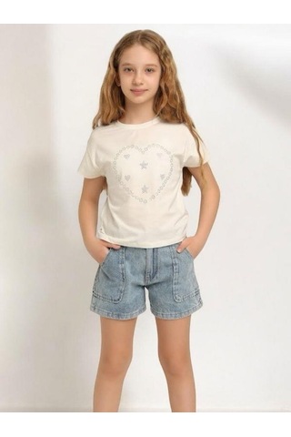 Escabel Kız Çocuk Pamuklu Yuvarlak Yaka Yarım Kol Taşlı T-shirt-15669 Ekru