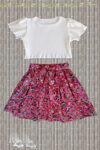 Çocuk Etekli Crop Takım, Çiçekli Koyu Gülkurusu Etek - Ekru Crop Ekru-gulkurusu2 Ekru - Gülkurusu