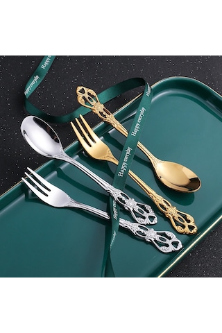 Sones 2 Adet / Paket Retro Ajurlu Oymalı Tatlı Kaşığı Çatal Seti Oymalı Çatal Bıçak Takımı Hediye Kutusu, Stil: Mavi Kutu Diğer