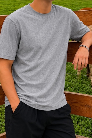 Tarz Cool Erkek Regular Fit Bisiklet Yaka Basic Tişört 2 İplik Şardonsuz %100 Pamuk Günlük Rahat T-shirt Gri