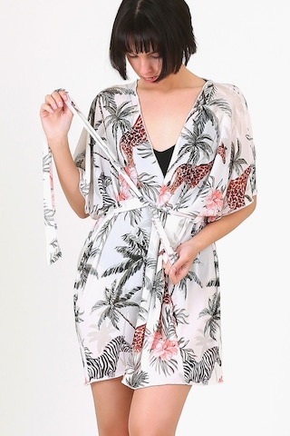 Pareo Plaj Elbisesi Kimono Std Yazlık Oversize Tül Gömlek Kemerli Elbise Tropikal Beyaz