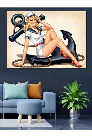 Demir Çapalı Pin-up Kadın Dekoratif Kanvas - Mdf Ahşap Tablo