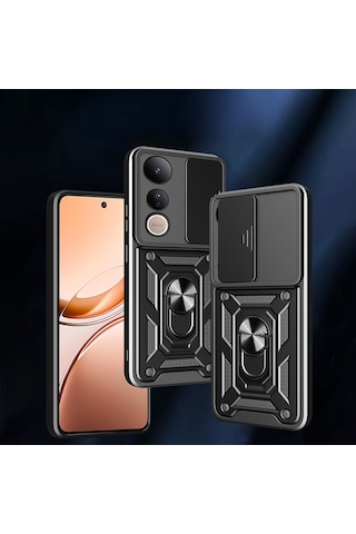 Vivo V50 Lite 4g Kılıf Magnetik Standlı Kamera Korumalı Zore Sürgülü Vega Kapak Siyah