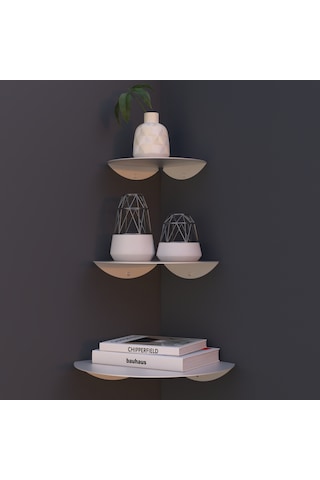 Oval Metal 3'lü Duvar Köşe Rafı Modern Dekoratif Raf Seti Beyaz