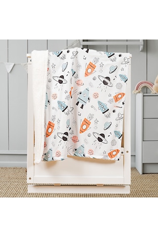 LTD9102 Küçük Astronot Uzay Temalı Kuzu Tüyü Yumuşak Bebek Battaniyesi 80 x 100 CM Ekru
